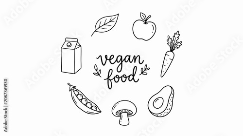 Hand drawn doodle icons of vegan food items like avocado and milk around text.