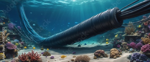 Underwater cables near vibrant coral reefs in ocean. Generative AI