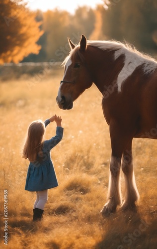 Child interacts with horse in a sunlit meadow. Generative AI