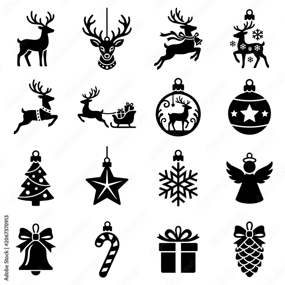 Fototapeta premium Christmas icons reindeer sleigh ornaments tree snowflake angel gift