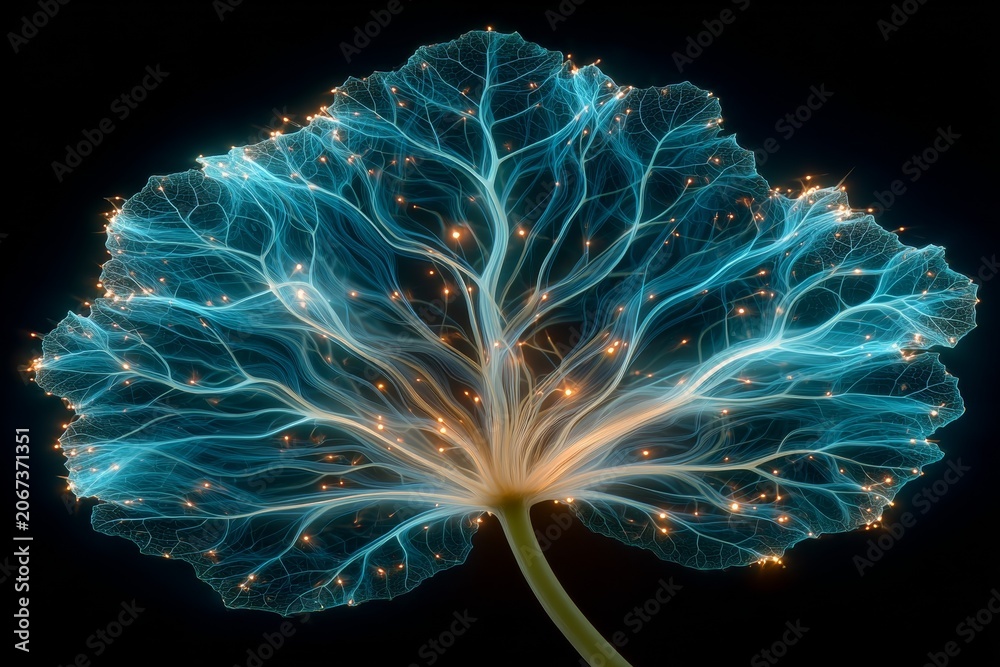 Fototapeta premium Close-up of a glowing blue and orange electric flower with intricate veins