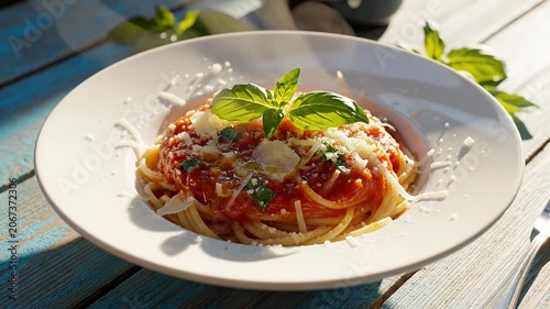 Spaghetti pasta with tomato sauce and fresh basil