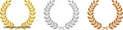 Laurel wreath award icons in gold silver and bronze metallic colors for championship victory.