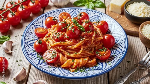 Spaghetti with tomato sauce on blue patterned ceramic plate.
