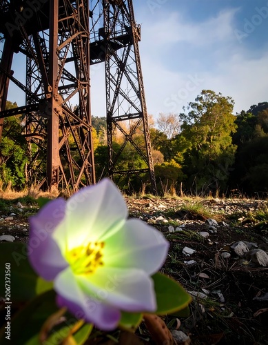 Rusty metal structure beside a delicate flower
