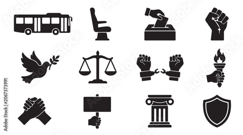 Schilderij op canvas Justice, law, and order icons, black vector set, 12 symbols, scales, gavel, shie
