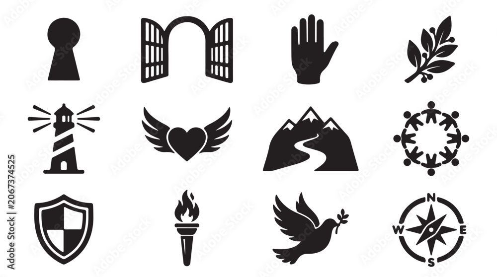 Fototapeta premium Black icons set, symbols collection, 12 elements, vector graphics