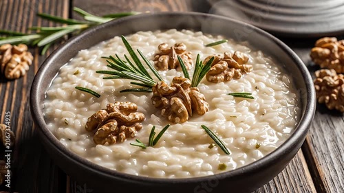 Walnut and rosemary risotto in a dark ceramic bowl.