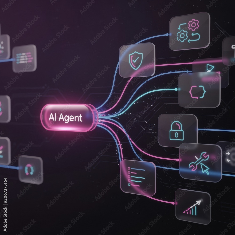 Fototapeta premium Artificial intelligence agent workflow infographic concept with glowing connected glass modules on a dark digital background