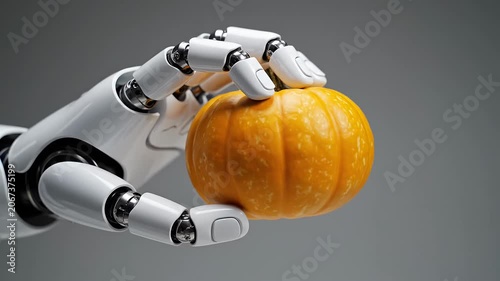White robotic hand holding a small orange pumpkin