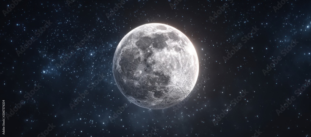 Naklejka premium Full moon illuminated against a dark starry sky, showcasing detailed lunar surface features and surrounding celestial stars in a vast cosmic scene