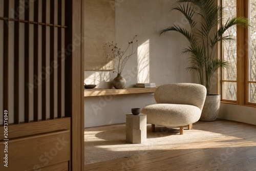 Sunlit Japandi living room featuring a textured bouclé armchair, hexagonal stone side table, and a potted palm near a window