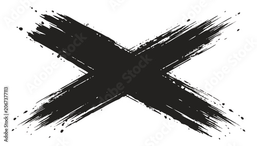 Bild auf Leinwand Grunge black brush stroke cross, hand drawn ink letter X with paint splatter, te