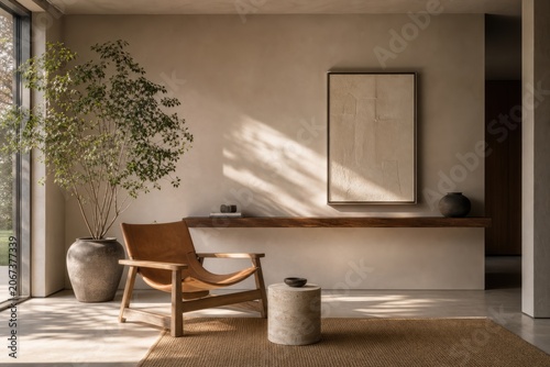 Modern wabi-sabi living room featuring a cognac leather armchair, floating wood ledge, travertine table, and canvas wall art