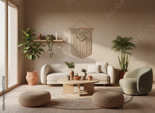 Boho minimalist living room featuring a cream sofa, macramé wall hanging, woven floor poufs, wooden table, and plants