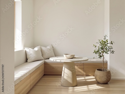 Minimalist dining nook with a built-in wooden corner bench, white cushions, round stone table, and a potted olive tree