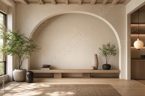 Minimalist Japandi interior with a large arched architectural alcove, low wooden console, potted plants, and copy space