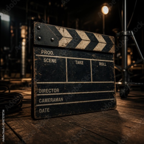 Close up view of a weathered black movie clapperboard on dark wooden floor planks in a film studio