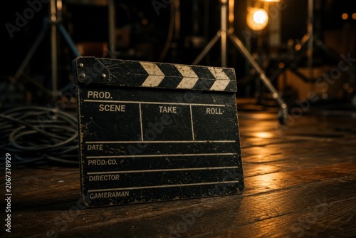 Vintage movie clapperboard standing on a dark wooden floor with studio lights in the blurred background