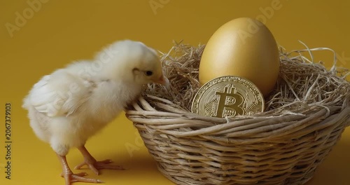 Small fluffy yellow chick standing next to a straw nest containing an egg and a golden cryptocurrency coin, conceptual image of digital assets and financial growth.