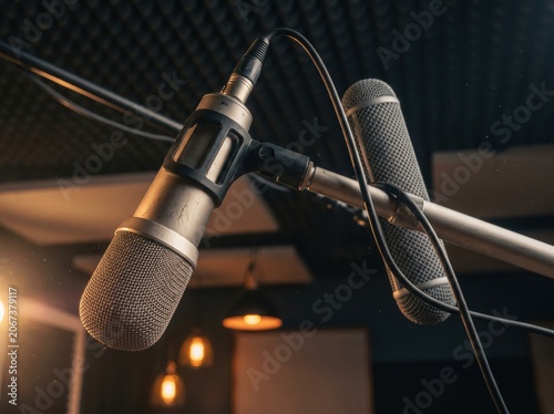 Professional condenser and shotgun microphones on stands inside a dark audio recording studio