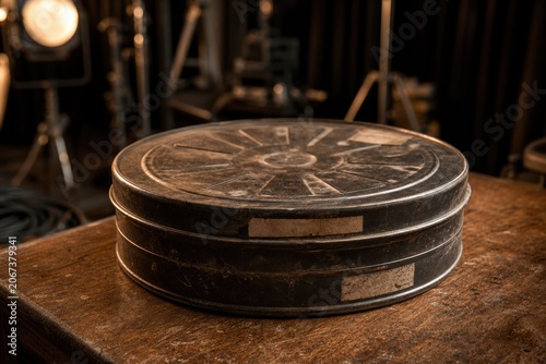 Vintage metal film reel canisters stacked on a rustic wooden table in a dimly lit studio background