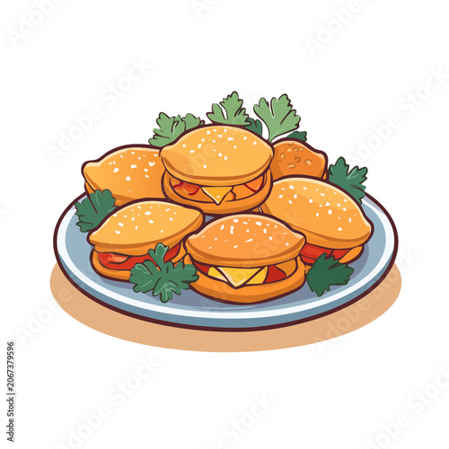 Mini burgers with cheese and parsley on a plate