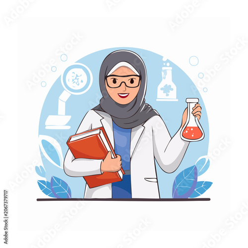 Scientist in hijab holding book and flask