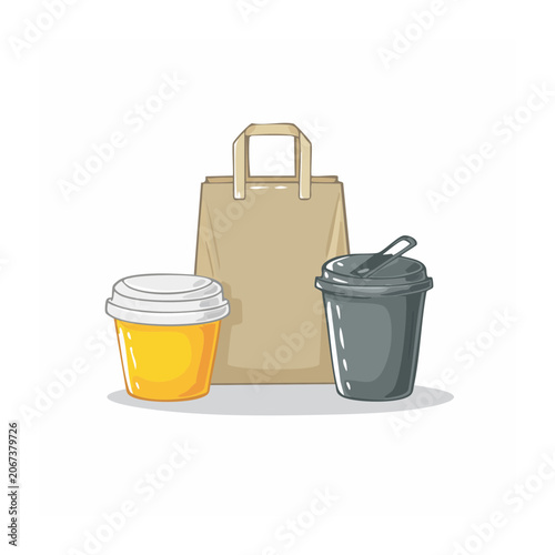 Takeaway food bag and coffee cups illustration