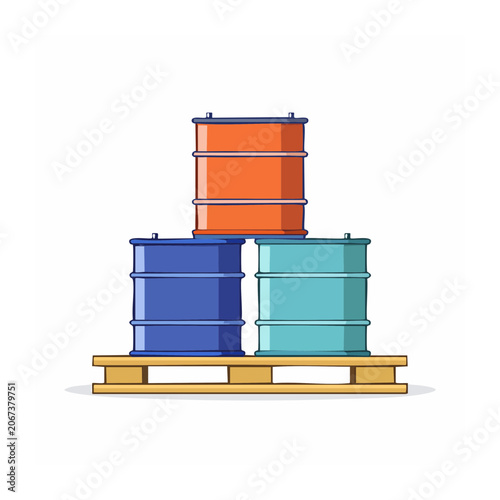Stacked colorful barrels on a wooden pallet