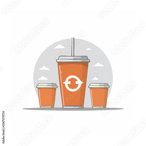Three orange drink cups with lids and straws