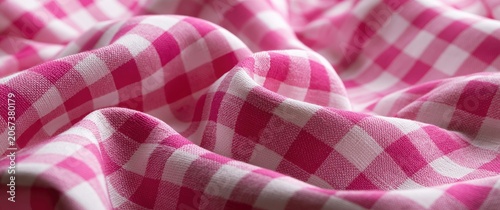 Close-up of pink and white checkered fabric folds, creating soft, flowing textures