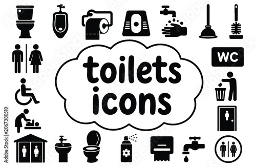 Toilet Icons Sticker Collection with Bathroom Sanitary Symbols and Restroom Equipment Vector Illustration
