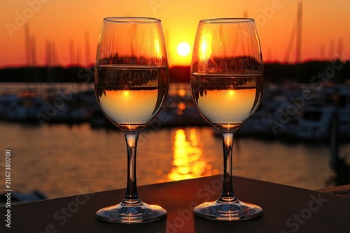 Two glasses of white wine reflect a vibrant sunset over a calm marina