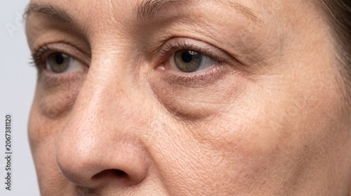 Close up view of mature woman face showing under eye bags, wrinkles and aging skin