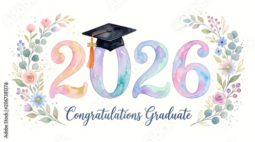 Watercolor floral graduation design for class of 2026 isolated on white background