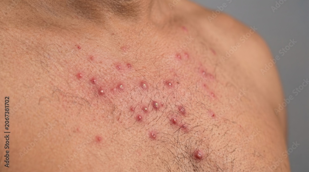 Fototapeta premium Close up of man chest with severe folliculitis pustules and red inflamed hair follicles