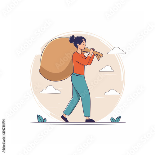 Woman carrying a large sack over her shoulder