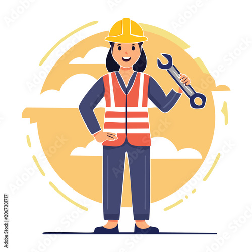 Woman construction worker holding a wrench