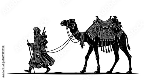 Bedouin man leading a camel across the desert.