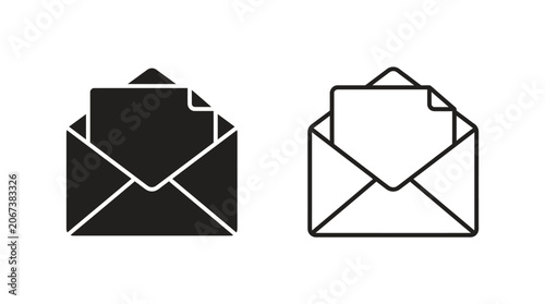 Fotografie Open envelope silhouette black and line art versions on white background