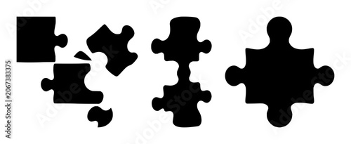 Tableau sur toile Puzzle piece icon set with solid black silhouette on white background featuring