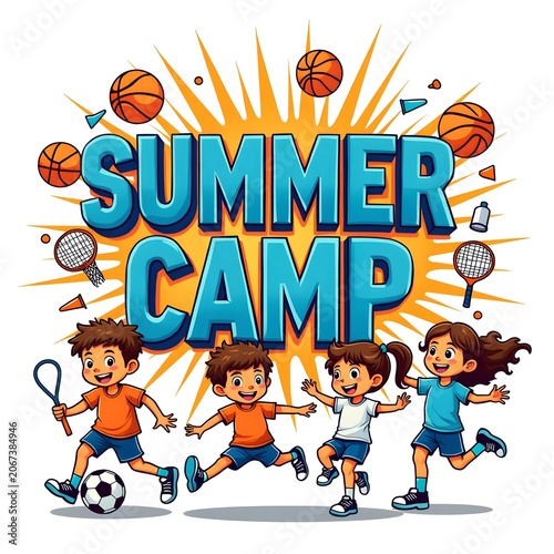 Summer camp sports typography banner with happy active kids playing soccer and basketball