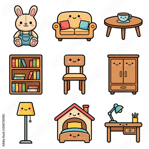 A set of cute cartoon furniture and toys.