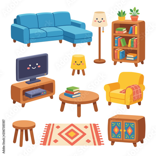Colorful living room furniture illustration.