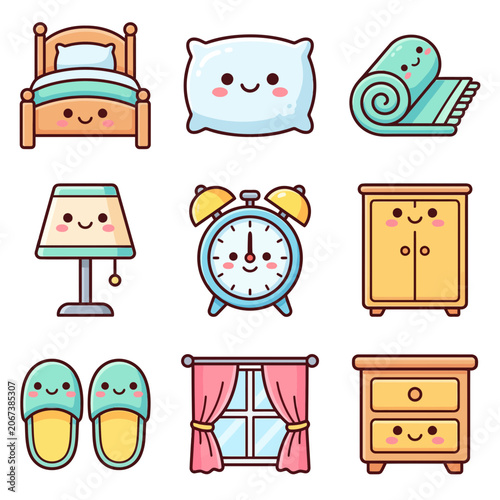 Collection of cute cartoon bedroom objects.