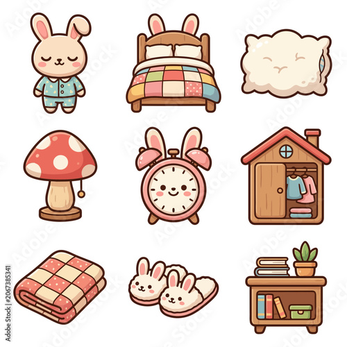 Whimsical cartoon nursery bedtime objects and animals.