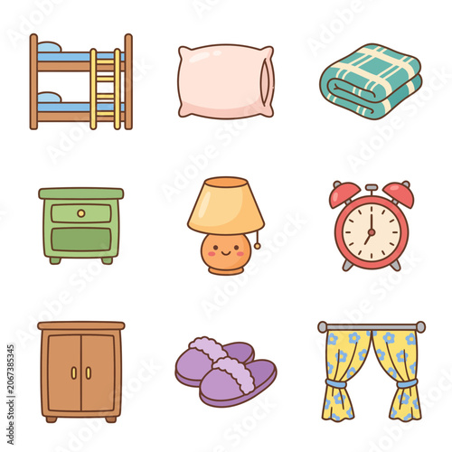 Colorful cartoon bedroom furniture and accessories.
