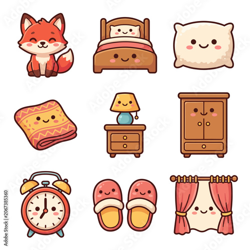 Cute cartoon bedroom objects and animals.