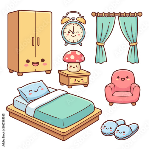 A kawaii bedroom interior with furniture.